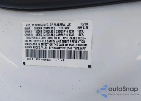 2009 Honda Odyssey Ex z USA, uszkodzony, nr VIN 5FNRL38469B015141